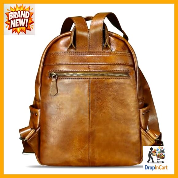 Genuine Leather Backpack Vintage Western Daypack College Bag Rivet Details